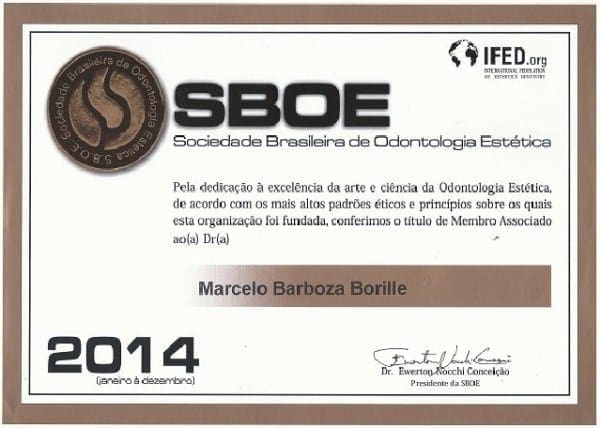 Certificado de Membro Associado da Sociedade Brasileira de Odontologia Estética (SBOE) concedido a Marcelo Barboza Borille em 2014.