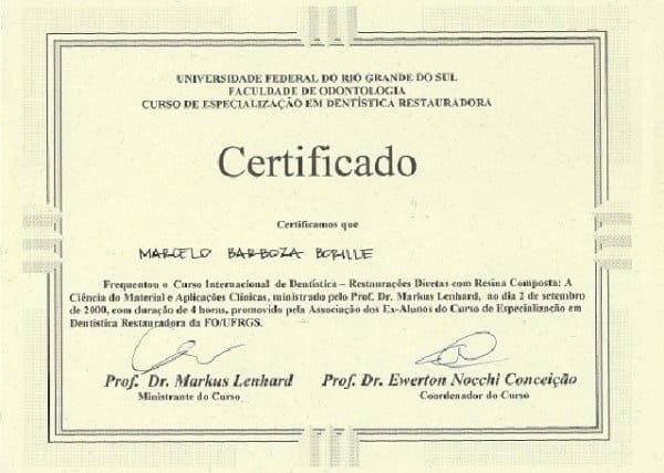Certificado do curso internacional em Dentística Restauradora da FO-UFRGS, participação de Marcelo Barboza Borille em restaurações diretas em resina composta.