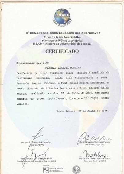 Certificado do 13º Congresso Odontológico Rio-Grandense em nome de Marcelo Barboza Borille pela participação no seminário “Envolvimento Orto-Perio em Pacientes Adultos: Riscos e Limites, Como Monitorar?”, realizado em 28 de julho de 2000, em Porto Alegre, carga horária de 3 horas.