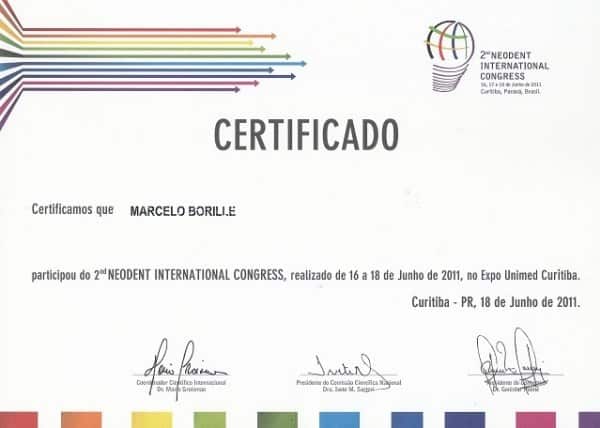 Certificado em nome de Marcelo Borille pela participação no 2nd Neodent International Congress, realizado de 16 a 18 de junho de 2011 no Expo Unimed Curitiba, Curitiba – PR.