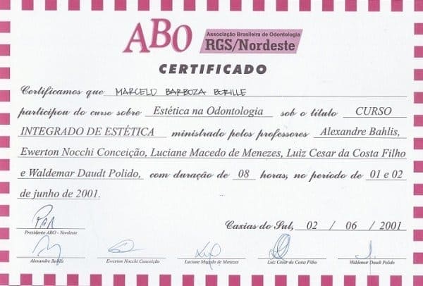 Certificado ABO RGS/Nordeste de Marcelo Barboza Borille pelo Curso Integrado de Estética em Odontologia, Caxias do Sul, 01 e 02 de junho de 2001.