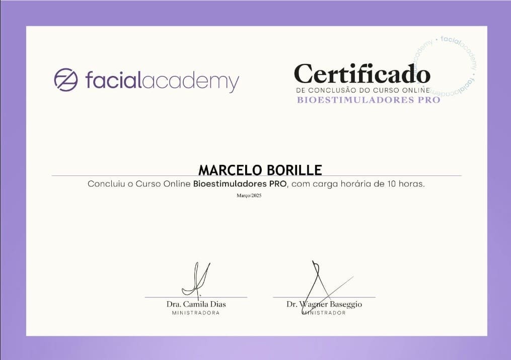 Certificado Facial Academy em nome de Marcelo Borille pela conclusão do curso online Bioestimuladores PRO, com carga horária de 10 horas, em março de 2025.