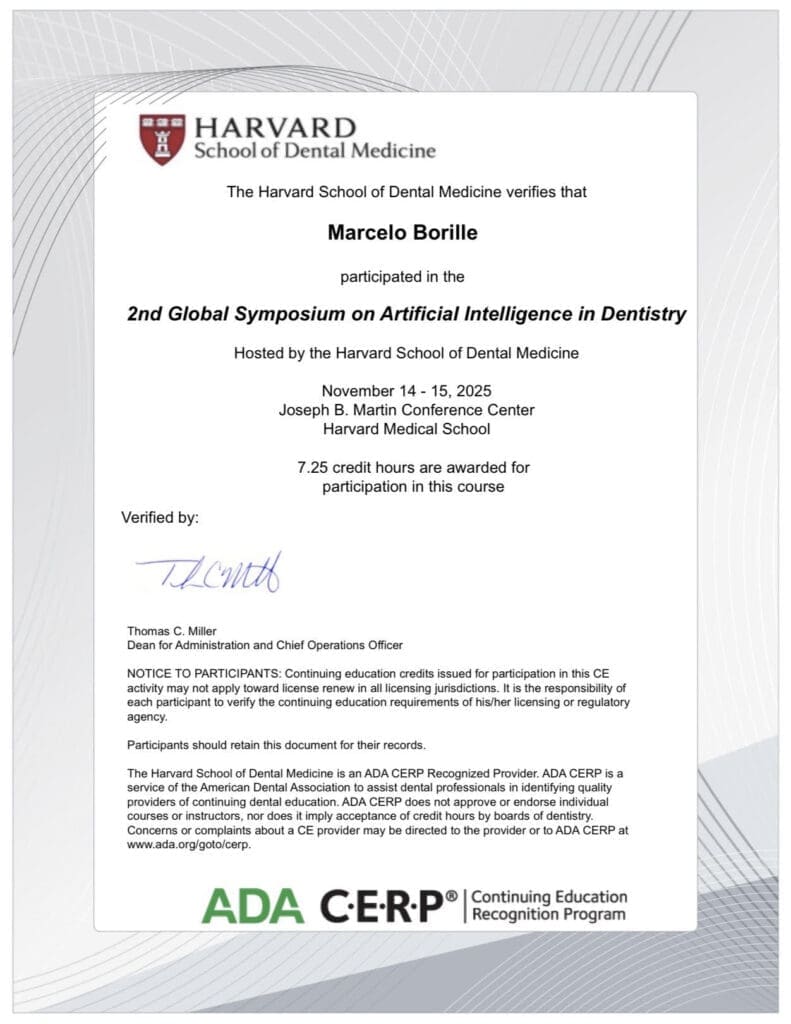 Certificado da Harvard School of Dental Medicine em nome de Marcelo Borille pela participação no 2nd Global Symposium on Artificial Intelligence in Dentistry, realizado em 14–15 de novembro de 2025 no Joseph B. Martin Conference Center, Harvard Medical School.